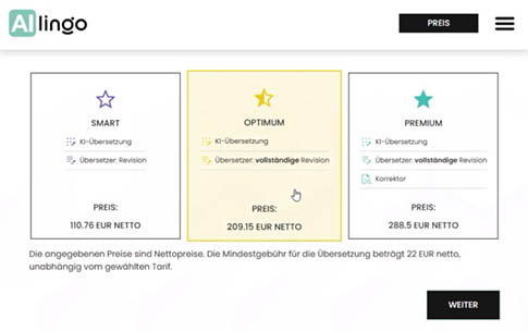 Wählen Sie den Übersetzungstarif