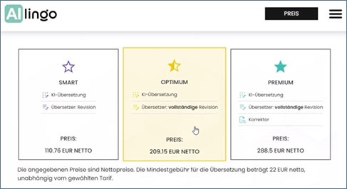 Wählen Sie den Übersetzungstarif